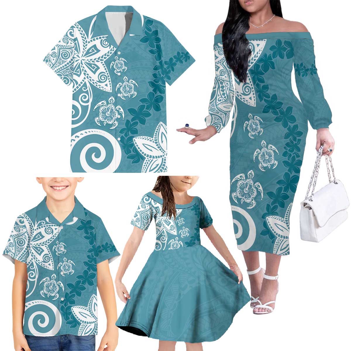 Polynesia Family Matching Off The Shoulder Long Sleeve Dress and Hawaiian Shirt Hippie Blue Tribal Turtle Floral Pattern