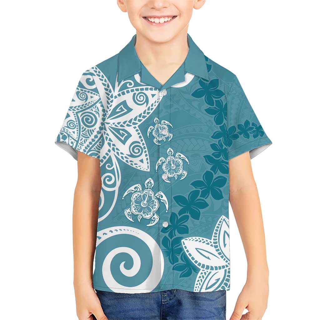 Polynesia Kid Hawaiian Shirt Hippie Blue Tribal Turtle Floral Pattern LT05 Kid Blue - Polynesian Pride