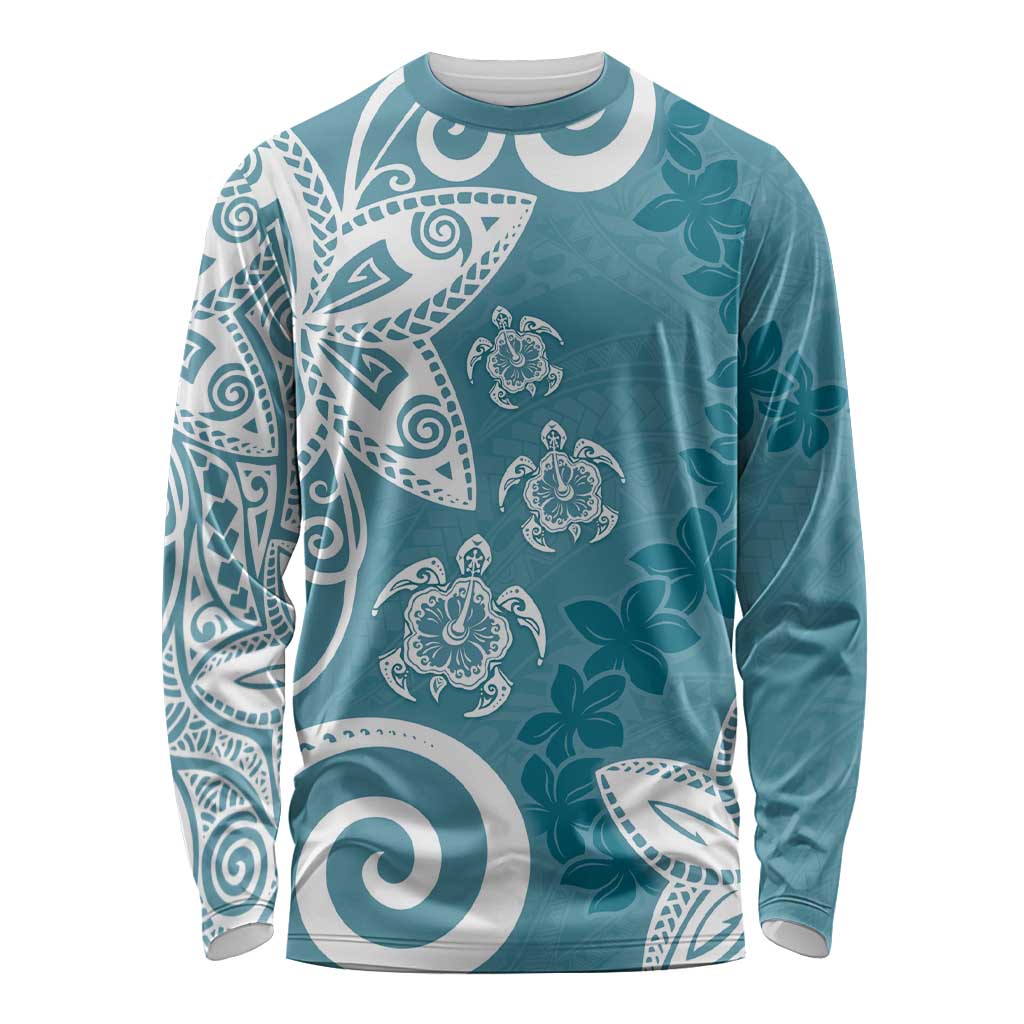 Polynesia Long Sleeve Shirt Hippie Blue Tribal Turtle Floral Pattern LT05 Unisex Blue - Polynesian Pride