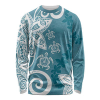 Polynesia Long Sleeve Shirt Hippie Blue Tribal Turtle Floral Pattern LT05 Unisex Blue - Polynesian Pride