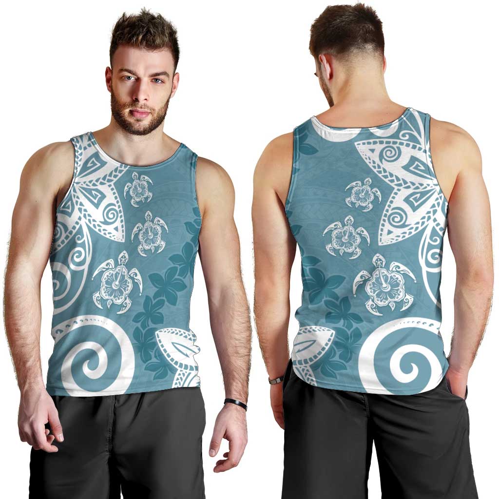 Polynesia Men Tank Top Hippie Blue Tribal Turtle Floral Pattern LT05 - Polynesian Pride