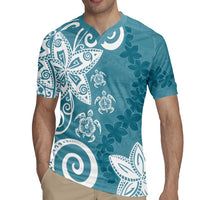 Polynesia Rugby Jersey Hippie Blue Tribal Turtle Floral Pattern LT05 - Polynesian Pride