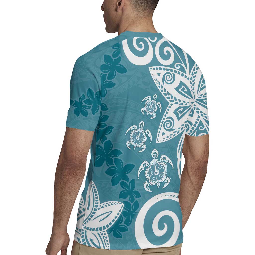 Polynesia Rugby Jersey Hippie Blue Tribal Turtle Floral Pattern LT05 - Polynesian Pride