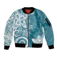 Polynesia Sleeve Zip Bomber Jacket Hippie Blue Tribal Turtle Floral Pattern LT05 Unisex Blue - Polynesian Pride