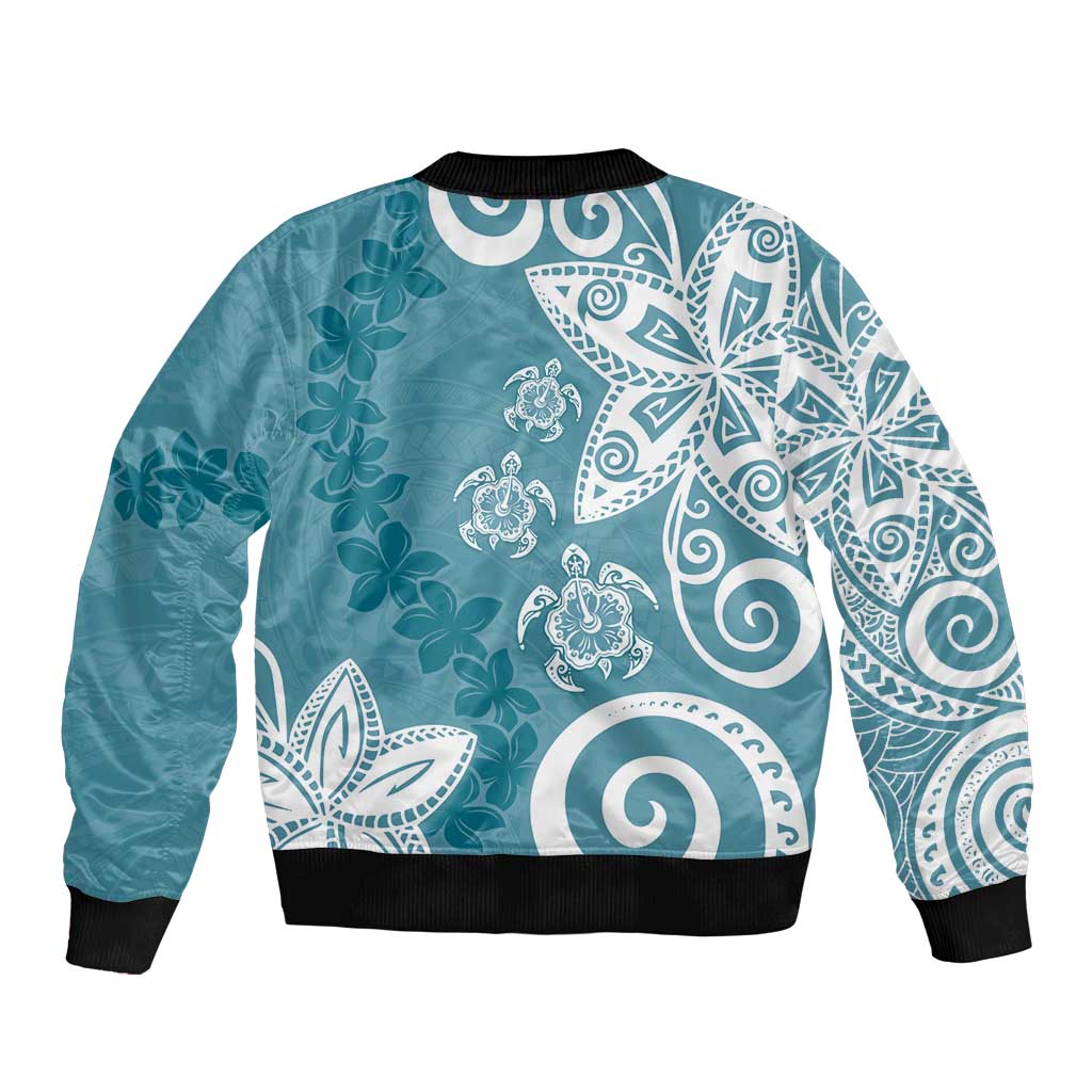 Polynesia Sleeve Zip Bomber Jacket Hippie Blue Tribal Turtle Floral Pattern LT05 - Polynesian Pride
