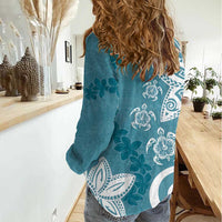 Polynesia Women Casual Shirt Hippie Blue Tribal Turtle Floral Pattern LT05 - Polynesian Pride