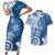 Polynesia Couples Matching Short Sleeve Bodycon Dress and Hawaiian Shirt Blue Tribal Turtle Floral Pattern