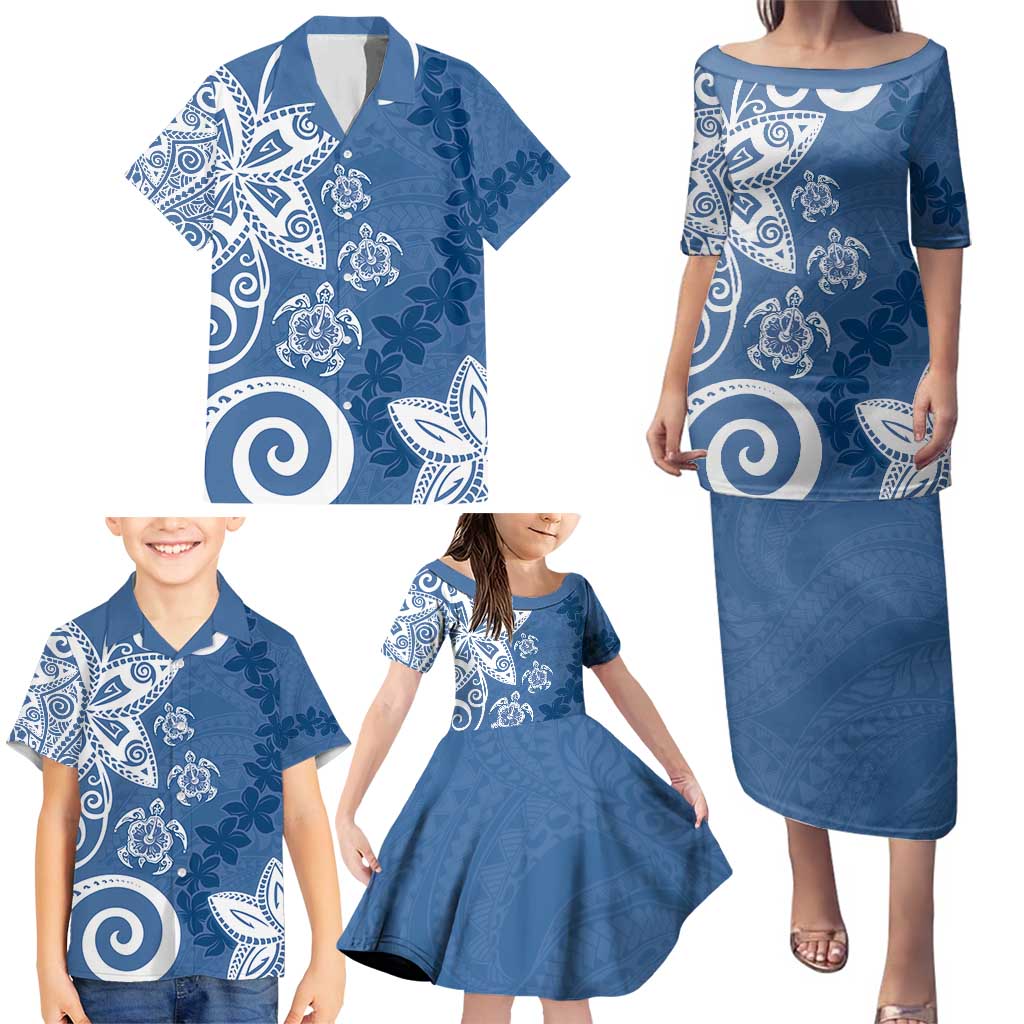 Polynesia Family Matching Puletasi and Hawaiian Shirt Blue Tribal Turtle Floral Pattern