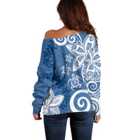 Polynesia Off Shoulder Sweater Blue Tribal Turtle Floral Pattern LT05 - Polynesian Pride