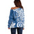 Polynesia Off Shoulder Sweater Blue Tribal Turtle Floral Pattern