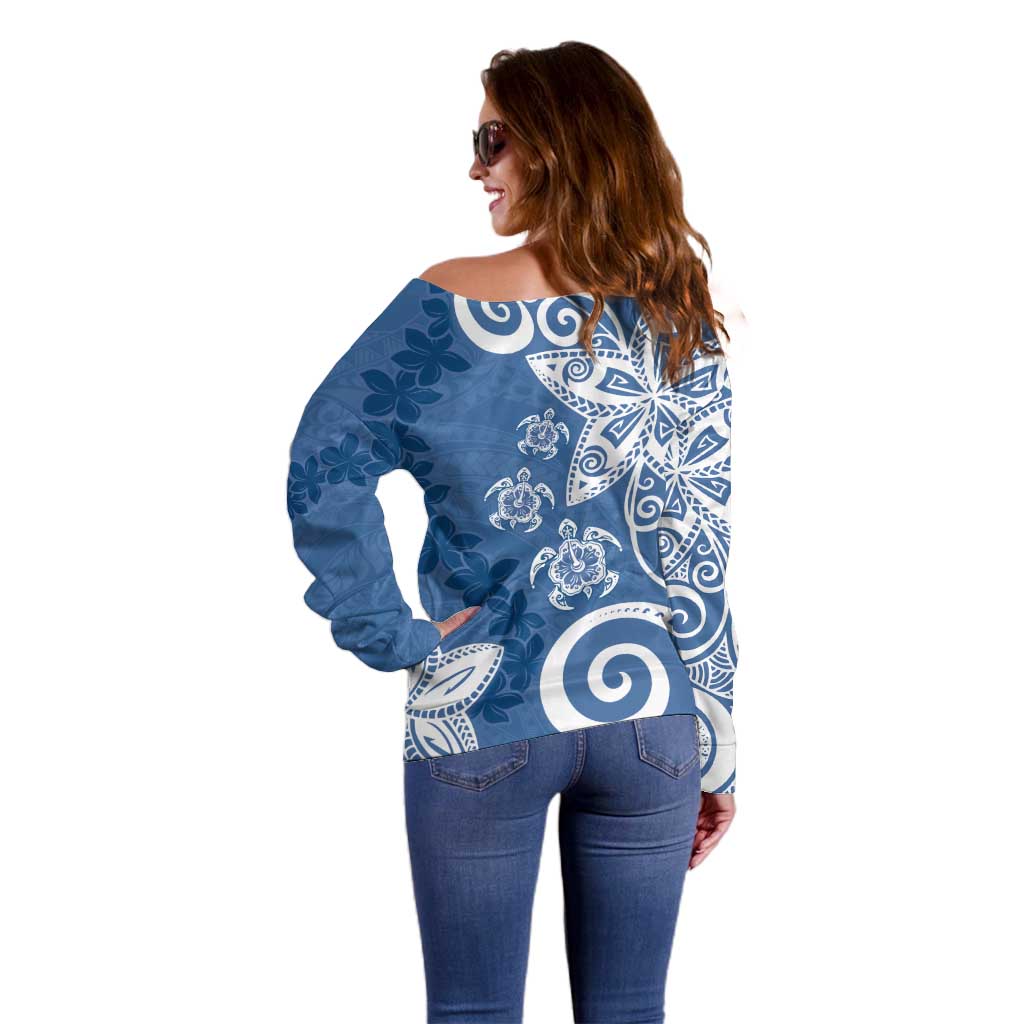 Polynesia Off Shoulder Sweater Blue Tribal Turtle Floral Pattern LT05 - Polynesian Pride