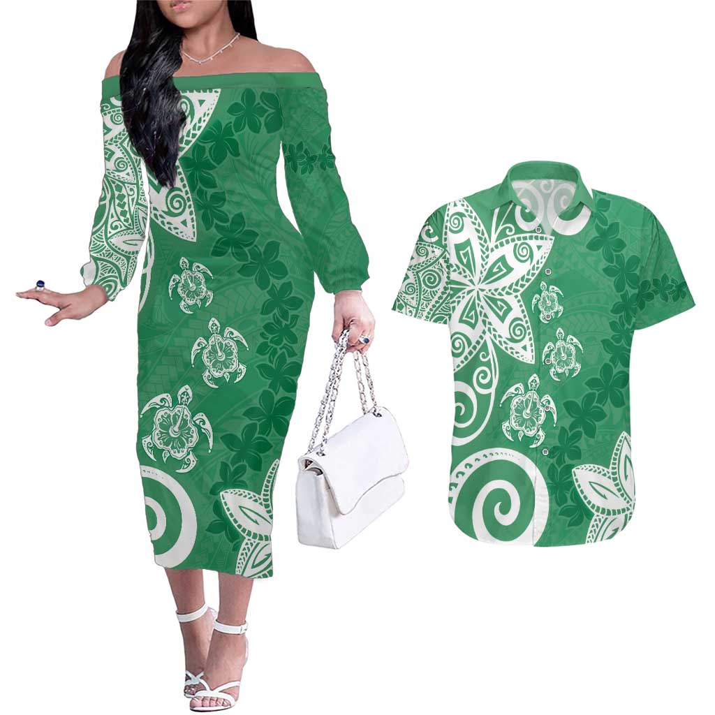 Polynesia Couples Matching Off The Shoulder Long Sleeve Dress and Hawaiian Shirt Green Tribal Turtle Floral Pattern