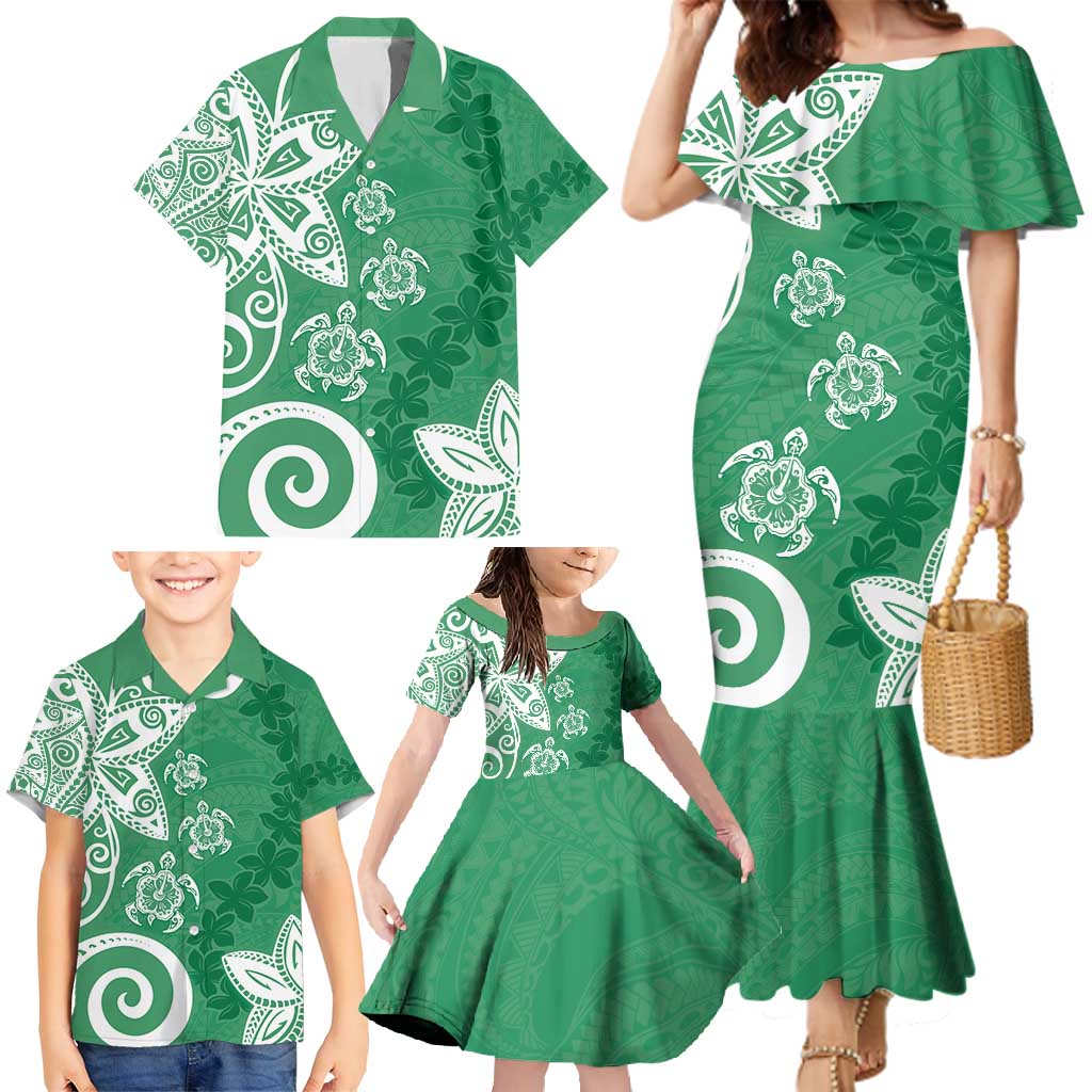 Polynesia Family Matching Mermaid Dress and Hawaiian Shirt Green Tribal Turtle Floral Pattern