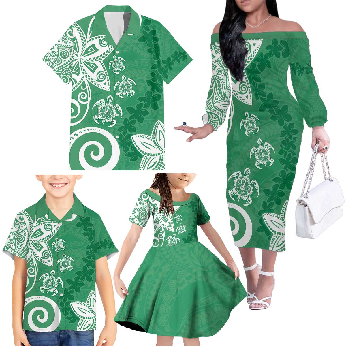 Polynesia Family Matching Off The Shoulder Long Sleeve Dress and Hawaiian Shirt Green Tribal Turtle Floral Pattern