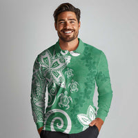 Polynesia Long Sleeve Polo Shirt Green Tribal Turtle Floral Pattern LT05 - Polynesian Pride