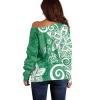 Polynesia Off Shoulder Sweater Green Tribal Turtle Floral Pattern LT05 - Polynesian Pride