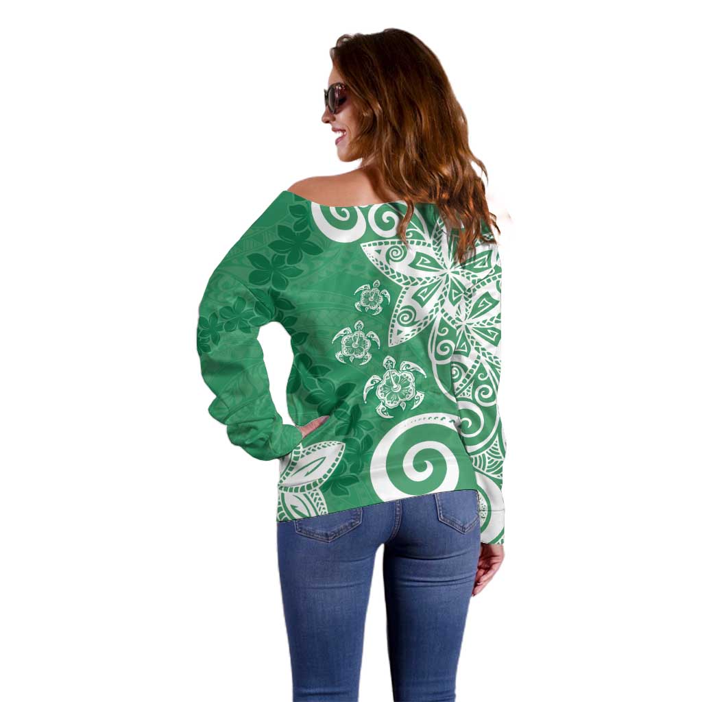 Polynesia Off Shoulder Sweater Green Tribal Turtle Floral Pattern LT05 - Polynesian Pride