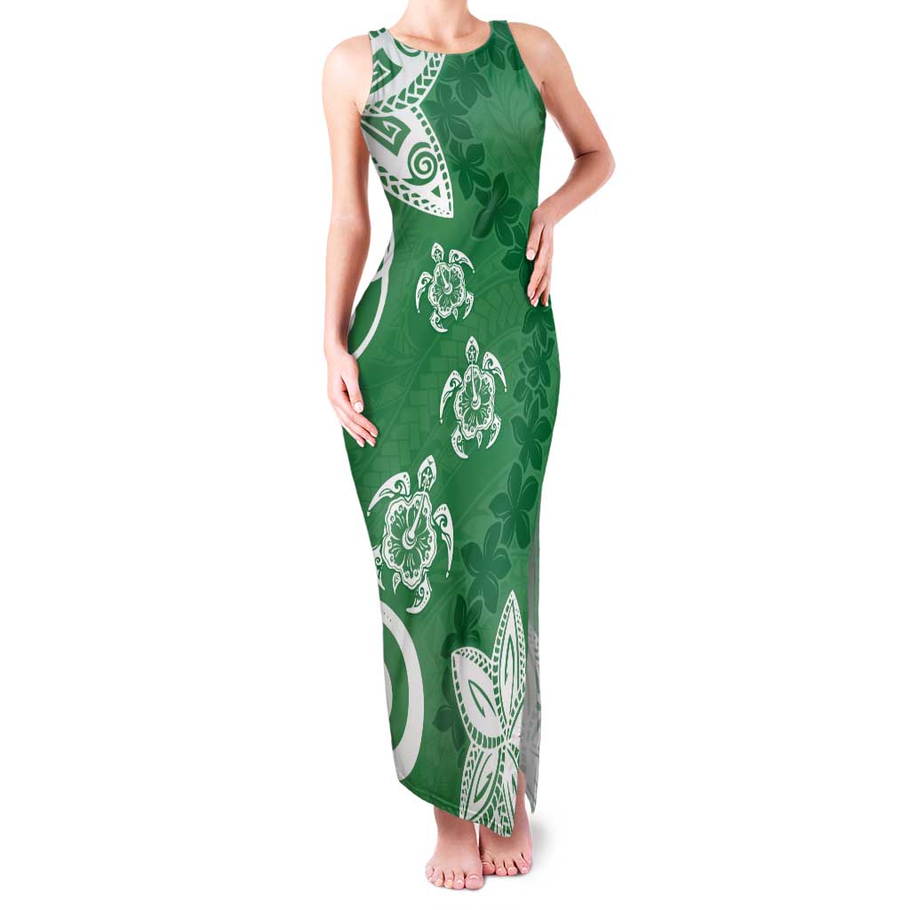 Polynesia Tank Maxi Dress Green Tribal Turtle Floral Pattern