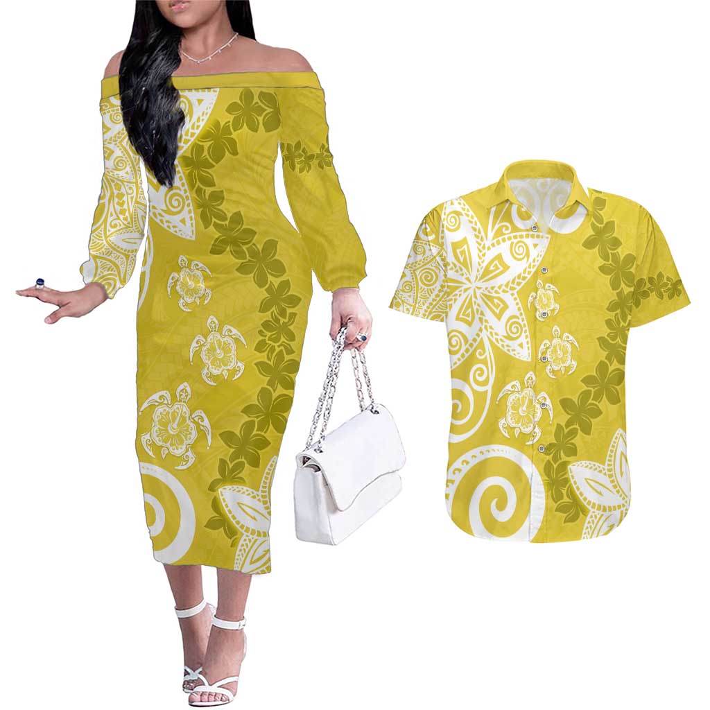 Polynesia Couples Matching Off The Shoulder Long Sleeve Dress and Hawaiian Shirt Yellow Tribal Turtle Floral Pattern