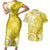 Polynesia Couples Matching Short Sleeve Bodycon Dress and Hawaiian Shirt Yellow Tribal Turtle Floral Pattern