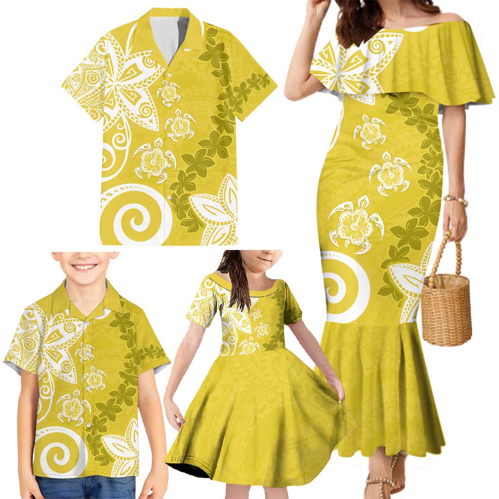 Polynesia Family Matching Mermaid Dress and Hawaiian Shirt Yellow Tribal Turtle Floral Pattern