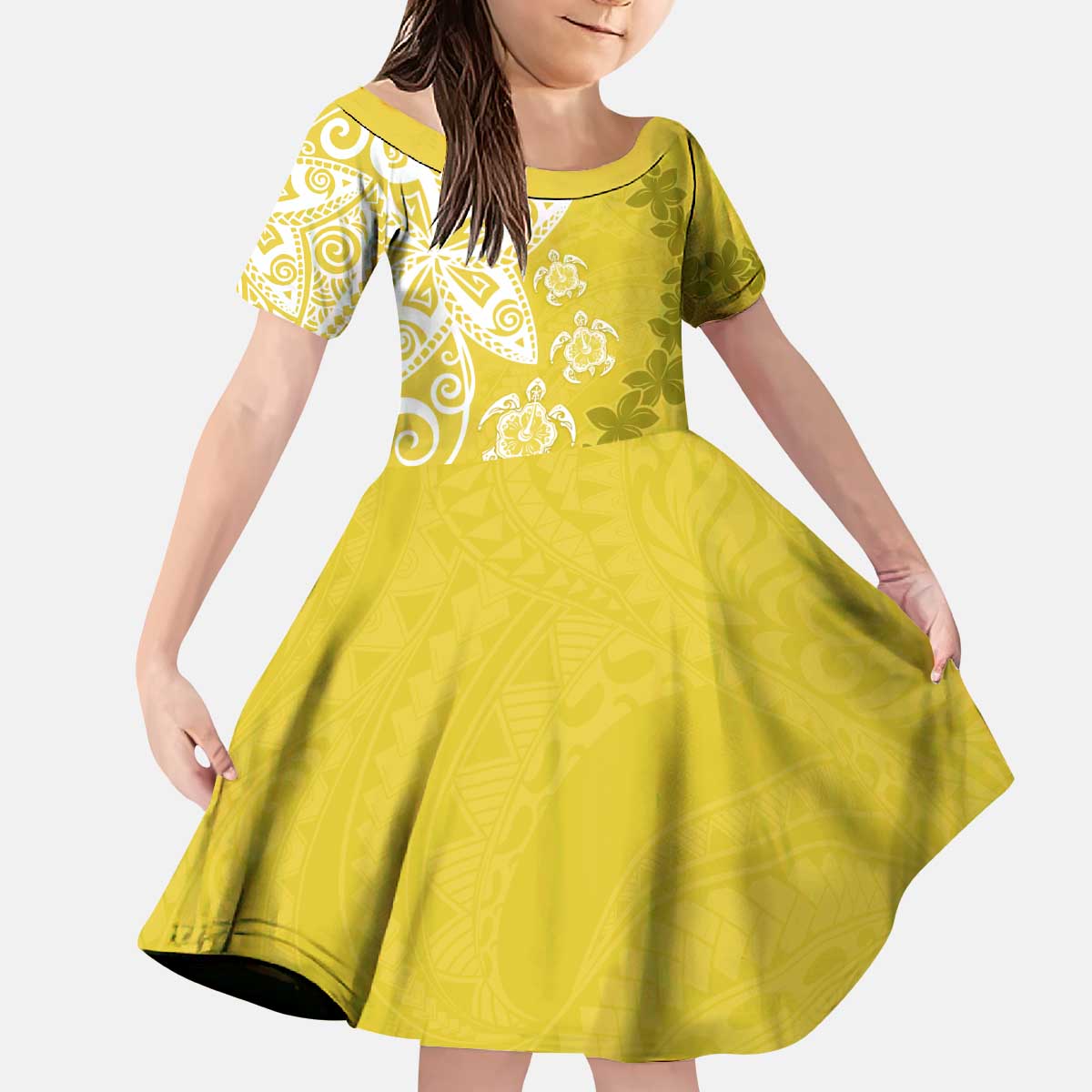 Polynesia Kid Short Sleeve Dress Yellow Tribal Turtle Floral Pattern LT05 KID Yellow - Polynesian Pride