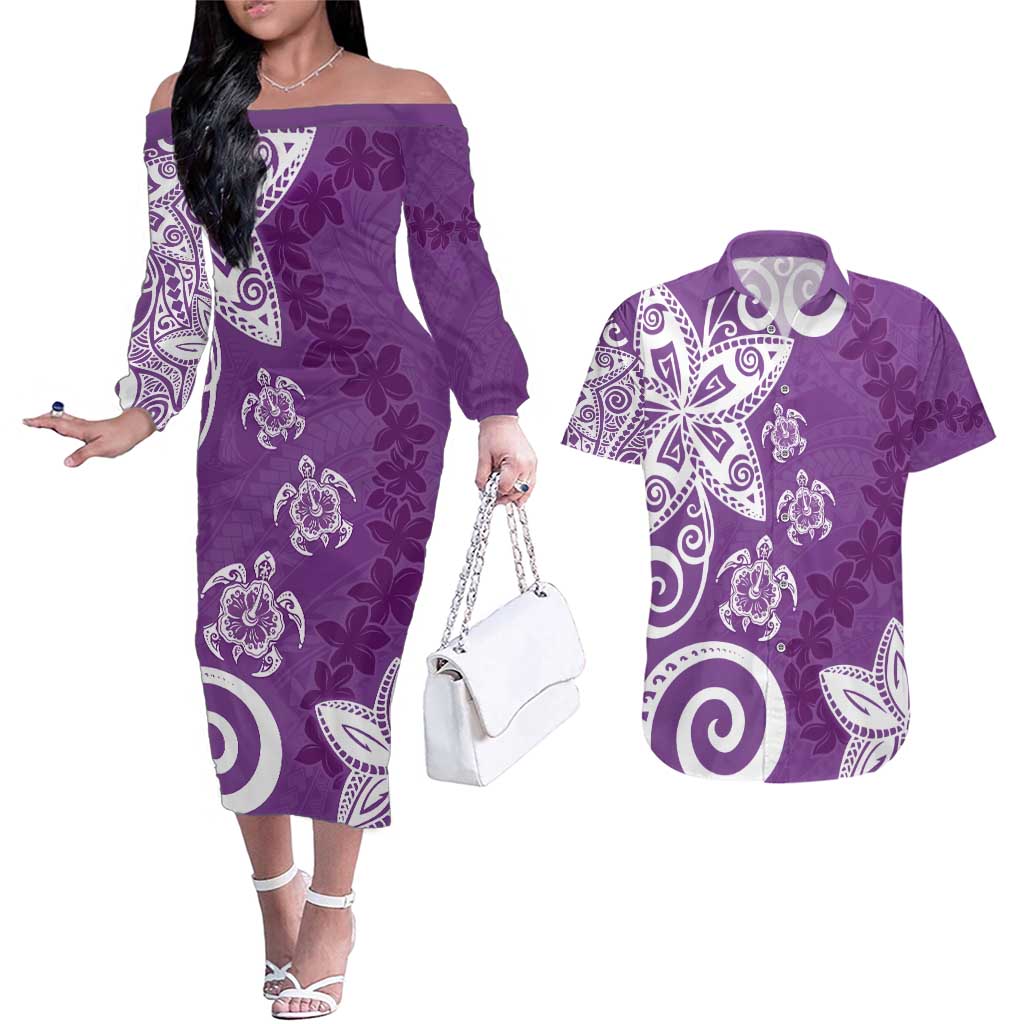 Polynesia Couples Matching Off The Shoulder Long Sleeve Dress and Hawaiian Shirt Purple Tribal Turtle Floral Pattern