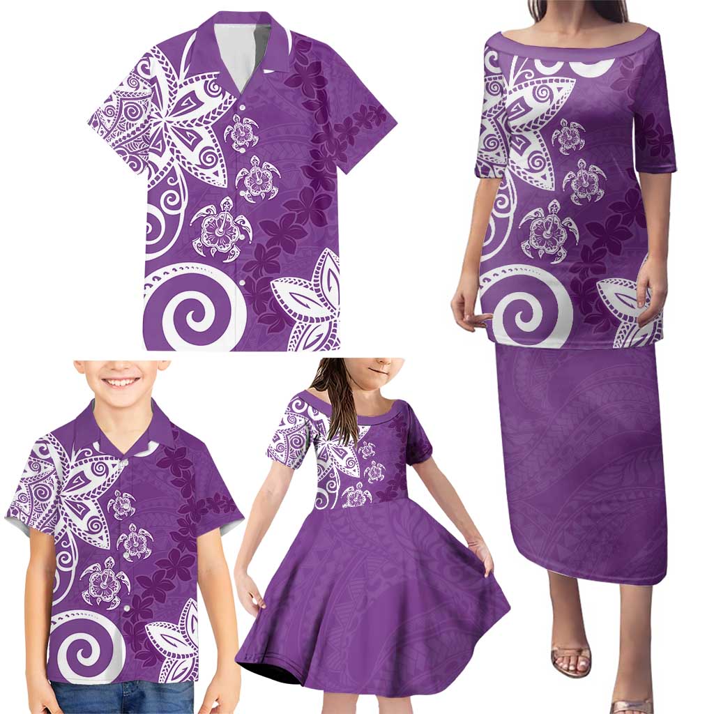 Polynesia Family Matching Puletasi and Hawaiian Shirt Purple Tribal Turtle Floral Pattern