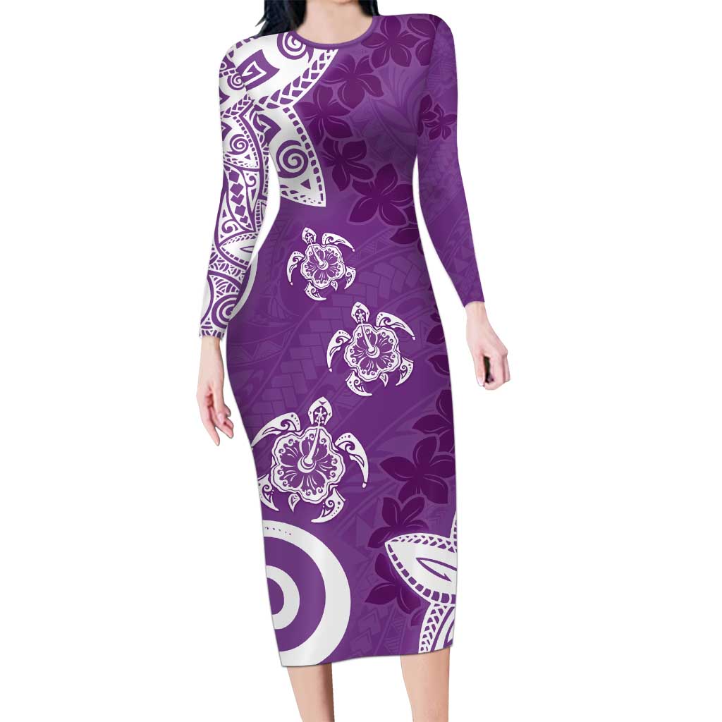 Polynesia Long Sleeve Bodycon Dress Purple Tribal Turtle Floral Pattern LT05 Long Dress Purple - Polynesian Pride