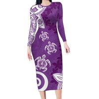 Polynesia Long Sleeve Bodycon Dress Purple Tribal Turtle Floral Pattern LT05 Long Dress Purple - Polynesian Pride