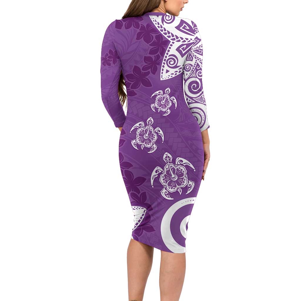 Polynesia Long Sleeve Bodycon Dress Purple Tribal Turtle Floral Pattern LT05 - Polynesian Pride