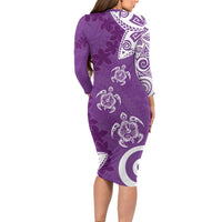 Polynesia Long Sleeve Bodycon Dress Purple Tribal Turtle Floral Pattern LT05 - Polynesian Pride