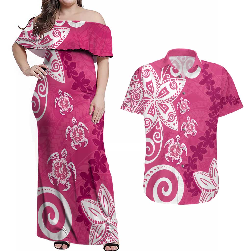 Polynesia Couples Matching Off Shoulder Maxi Dress and Hawaiian Shirt Pink Tribal Turtle Floral Pattern