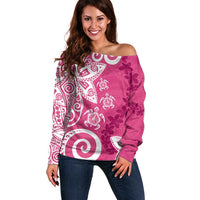 Polynesia Off Shoulder Sweater Pink Tribal Turtle Floral Pattern LT05 Women Pink - Polynesian Pride