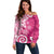 Polynesia Off Shoulder Sweater Pink Tribal Turtle Floral Pattern