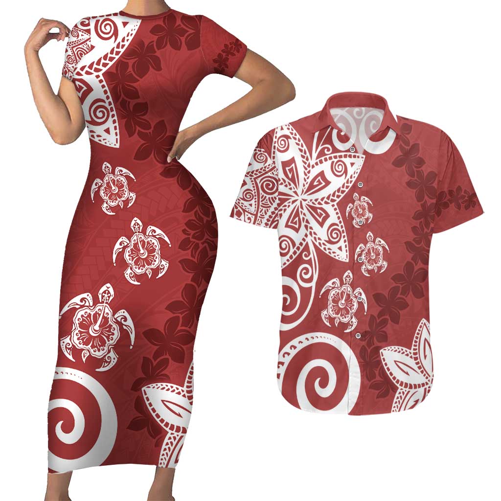 Polynesia Couples Matching Short Sleeve Bodycon Dress and Hawaiian Shirt Red Tribal Turtle Floral Pattern