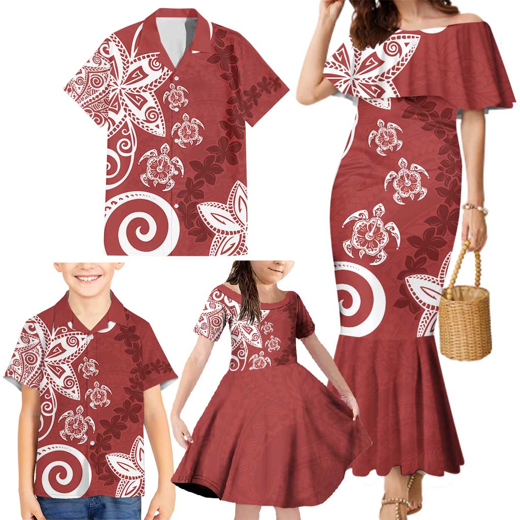 Polynesia Family Matching Mermaid Dress and Hawaiian Shirt Red Tribal Turtle Floral Pattern