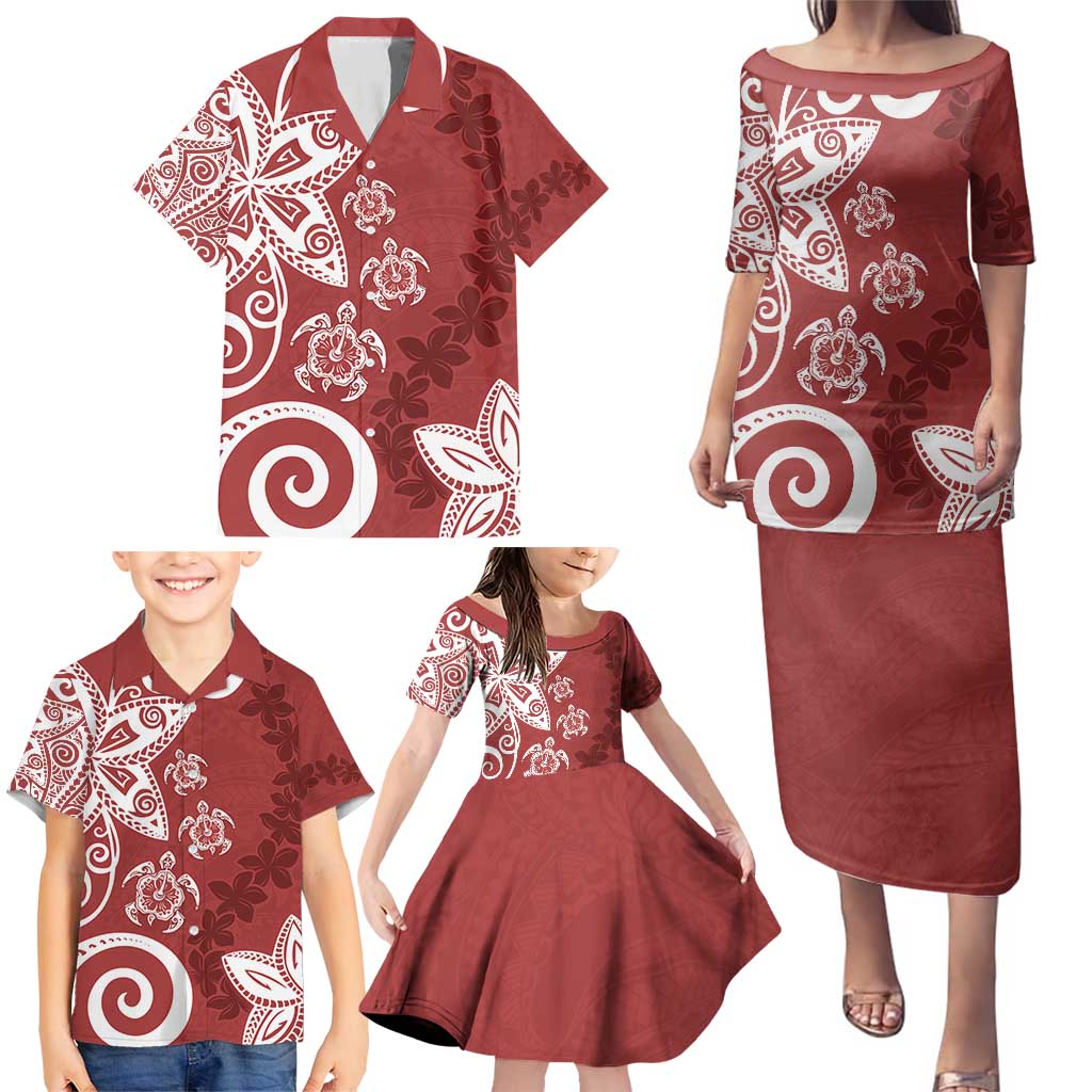 Polynesia Family Matching Puletasi and Hawaiian Shirt Red Tribal Turtle Floral Pattern