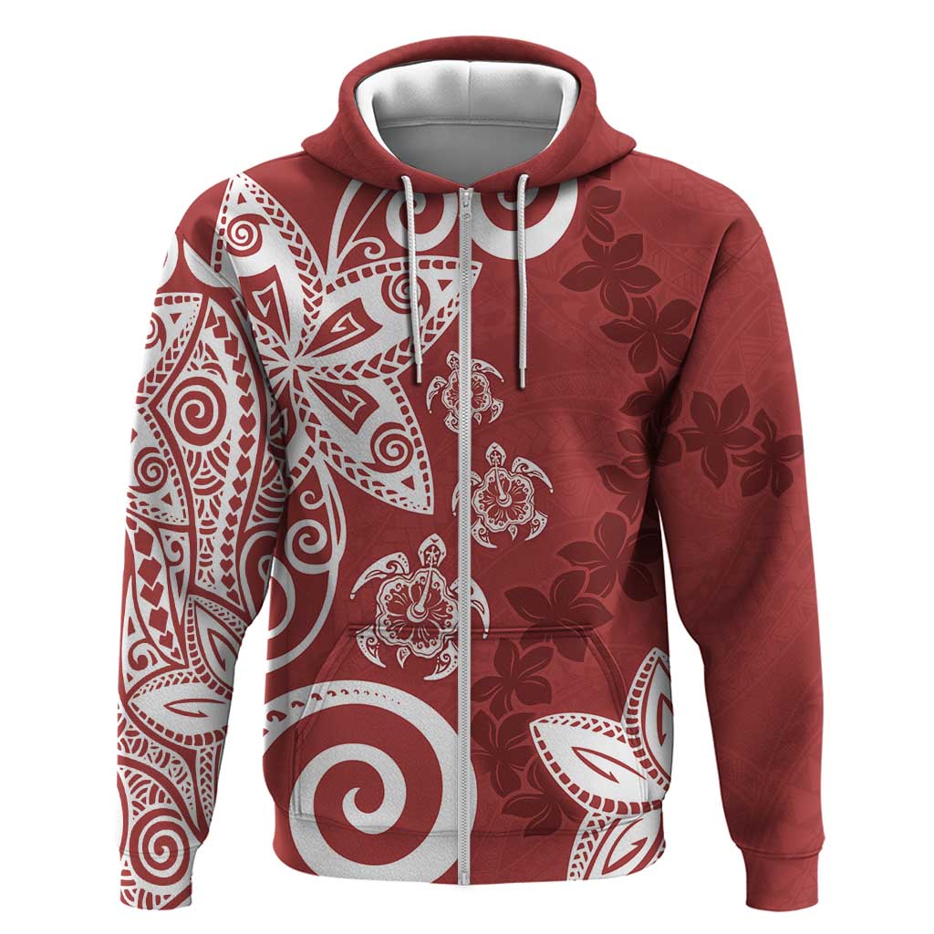 Polynesia Hoodie Red Tribal Turtle Floral Pattern LT05 Zip Hoodie Red - Polynesian Pride