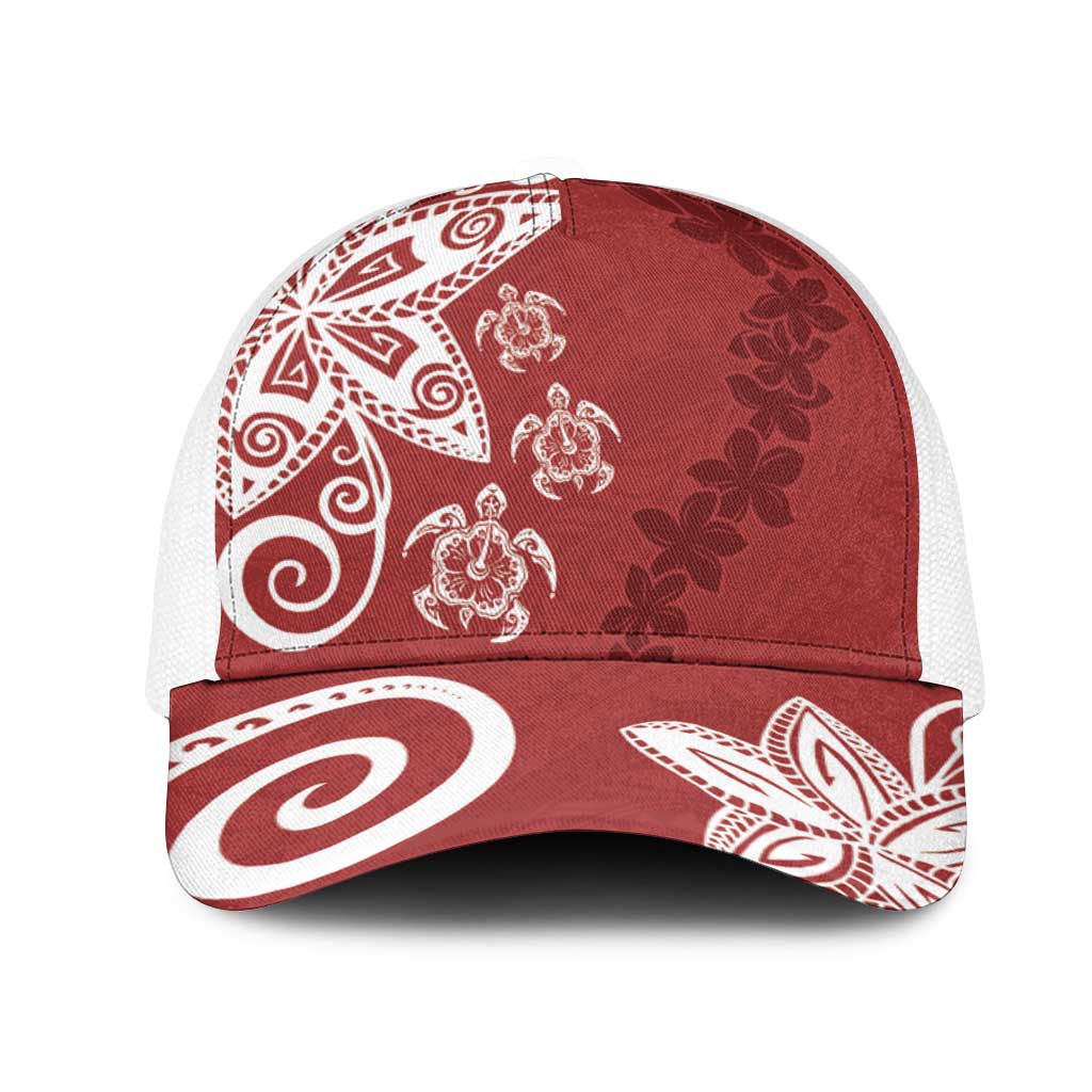 Polynesia Mesh Trucker Cap Red Tribal Turtle Floral Pattern LT05 One Size White Red - Polynesian Pride
