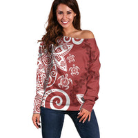 Polynesia Off Shoulder Sweater Red Tribal Turtle Floral Pattern LT05 Women Red - Polynesian Pride
