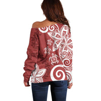 Polynesia Off Shoulder Sweater Red Tribal Turtle Floral Pattern LT05 - Polynesian Pride