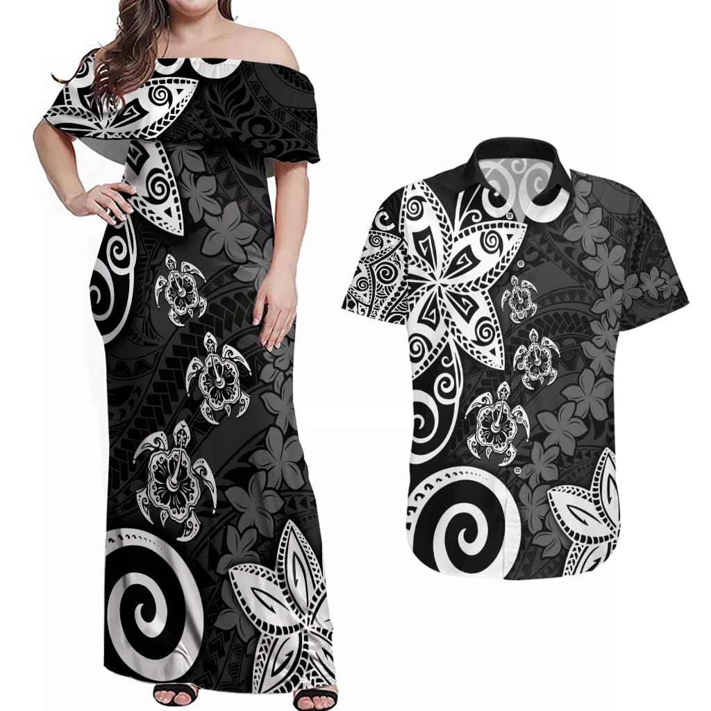 Polynesia Couples Matching Off Shoulder Maxi Dress and Hawaiian Shirt Black Tribal Turtle Floral Pattern