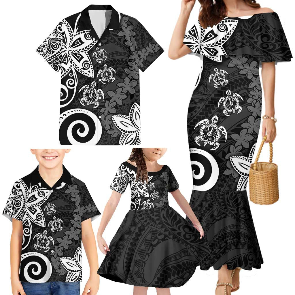 Polynesia Family Matching Mermaid Dress and Hawaiian Shirt Black Tribal Turtle Floral Pattern