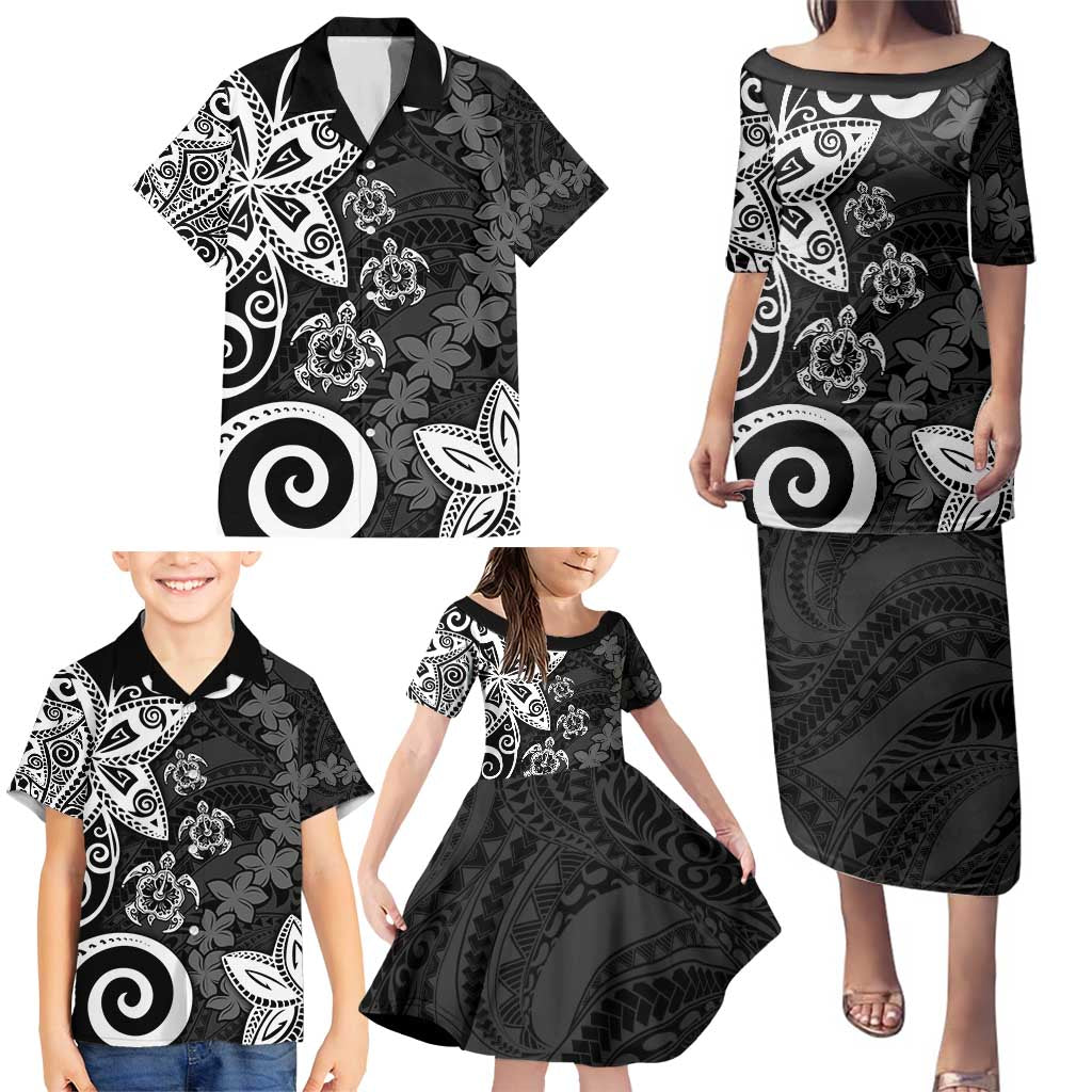 Polynesia Family Matching Puletasi and Hawaiian Shirt Black Tribal Turtle Floral Pattern