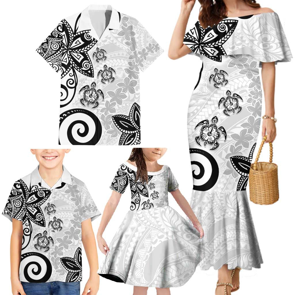 Polynesia Family Matching Mermaid Dress and Hawaiian Shirt White Tribal Turtle Floral Pattern