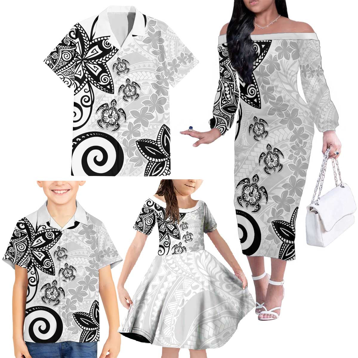 Polynesia Family Matching Off The Shoulder Long Sleeve Dress and Hawaiian Shirt White Tribal Turtle Floral Pattern