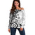 Polynesia Off Shoulder Sweater White Tribal Turtle Floral Pattern