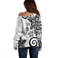Polynesia Off Shoulder Sweater White Tribal Turtle Floral Pattern LT05 - Polynesian Pride