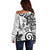 Polynesia Off Shoulder Sweater White Tribal Turtle Floral Pattern